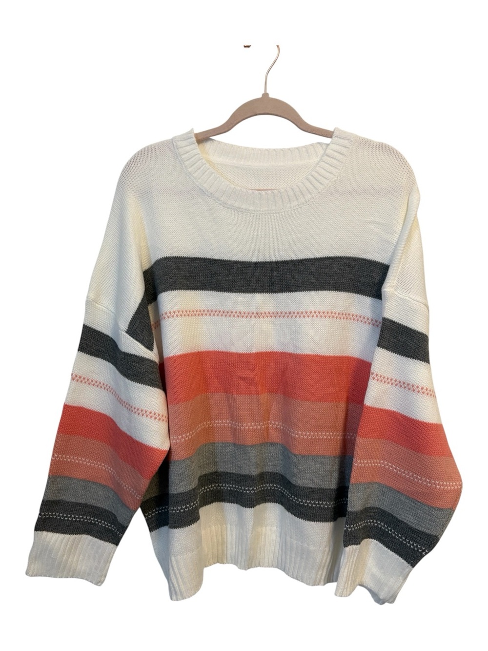 Women's Cream Striped Crewneck Sweater with Coral and Gray Bands